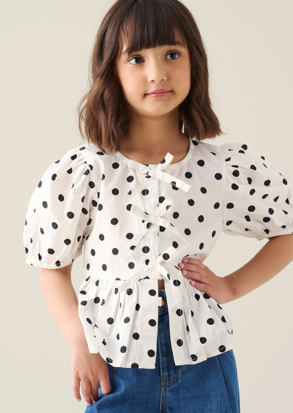 Amber Polka Dot Tie Front Top