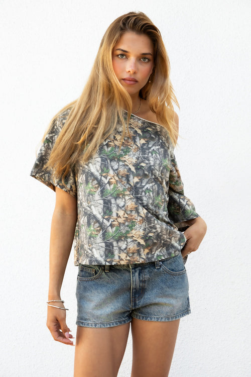BAYOU Camo Print Oversized One Shoulder T Shirt