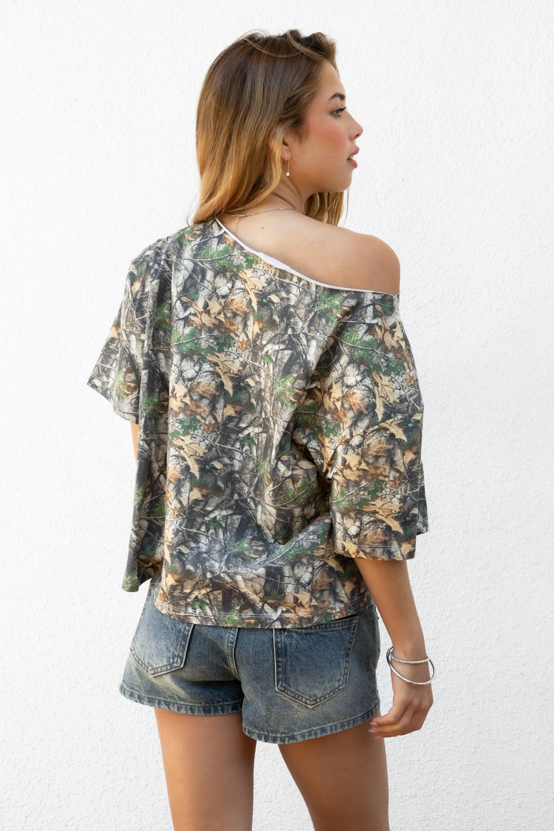 BAYOU Camo Print Oversized One Shoulder T Shirt