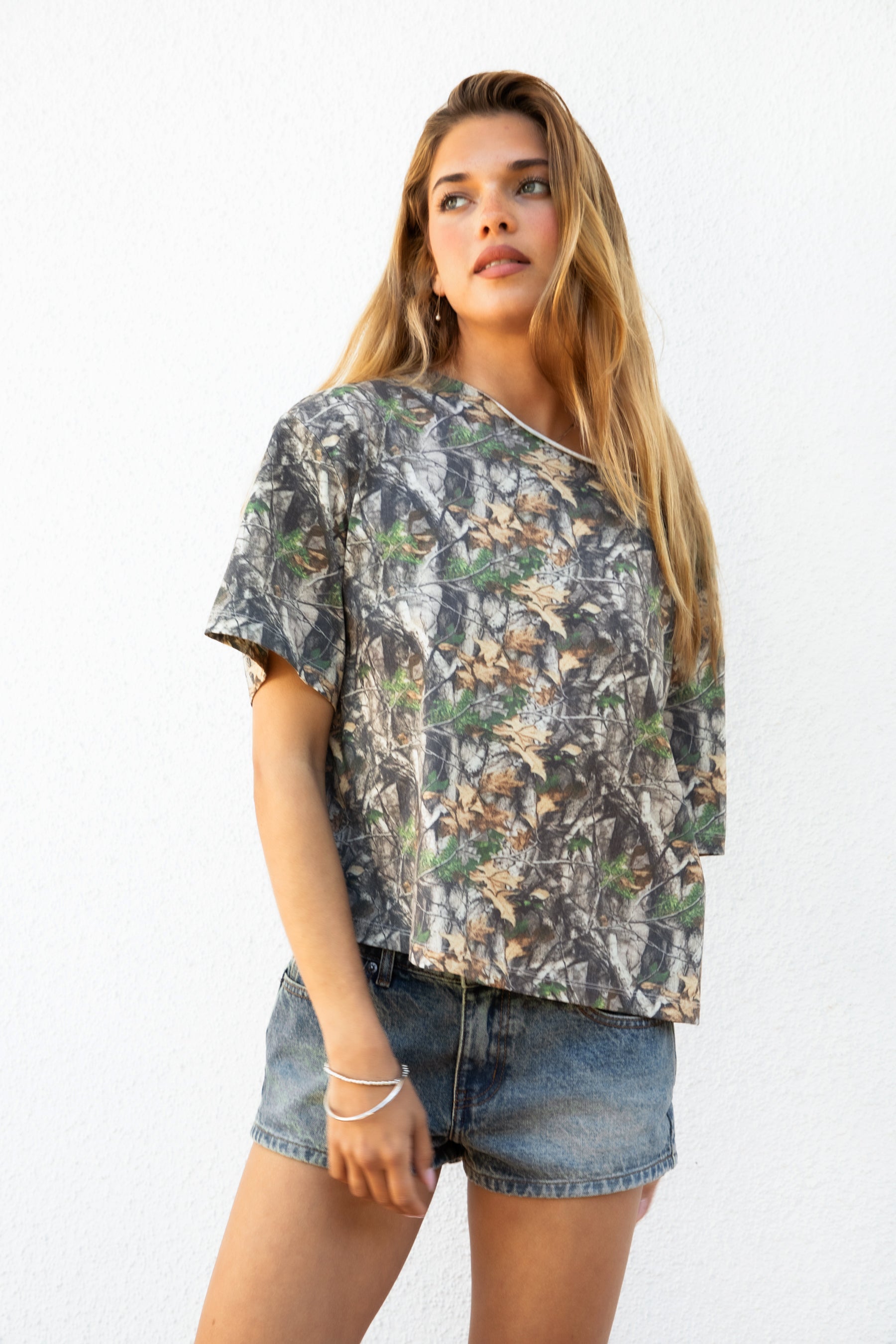 BAYOU Camo Print Oversized One Shoulder T Shirt